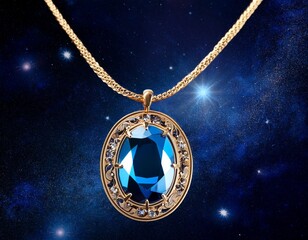 elegant gold necklace with blue gemstone pendant against a cosmic starry background