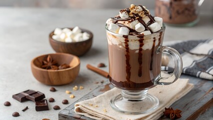 Hot Chocolate with Whipped Cream, Marshmallows, and Nuts in Glass Mug on Wooden Tray