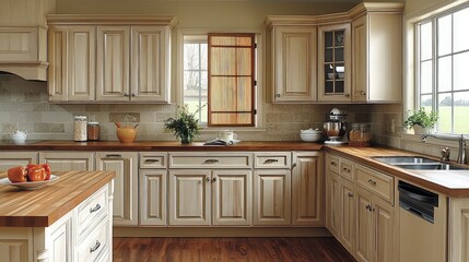 Kitchen interior with wooden countertops and cabinetry