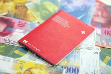 Swiss franc banknotes and passport. The current francs money bills and biometrical pass