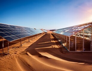 futuristic desert greenhouse with solar panels and hydroponic gardens