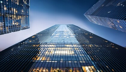 modern skyscraper with glass facade in busy city at night