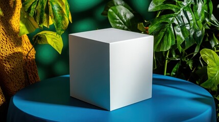 Minimalist White Cube on Blue Table Surrounded by Lush Greenery