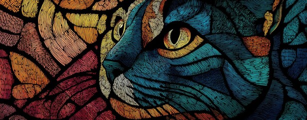 Colorful cat portrait in stained glass style
