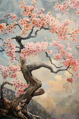 Painting blooming Japanese cherry blossom tree falling pink sakura petals. soft, cloudy sky gradient of light blue and gray background spring beauty renewal.