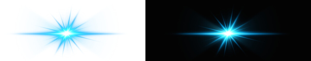 Transparent collage template  flare light effect. Glowing blue light beam star.