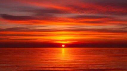 Fototapeta premium Fiery Red Sunset Sky Over Calm Horizon