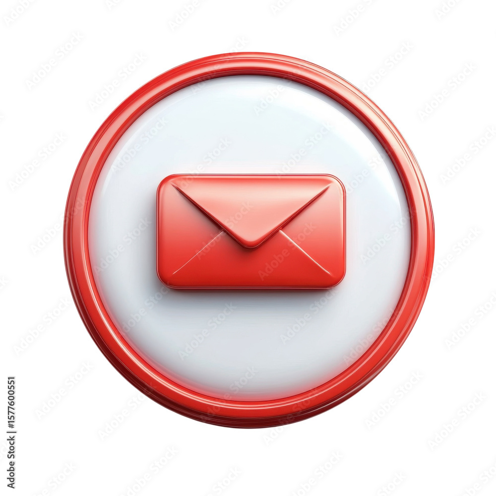 Poster 3d red email icon on white round button message notification mail symbol on transparent background