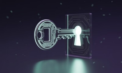 Glowing futuristic digital key with circuit patterns unlocking a secure keyhole.
