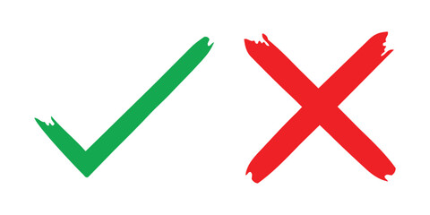 Check mark icon button set. Check box icon with right and wrong buttons and yes or no checkmark icons in green tick box and red cross.