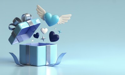 Pastel blue gift box opening with flying winged heart and sparkling stars
