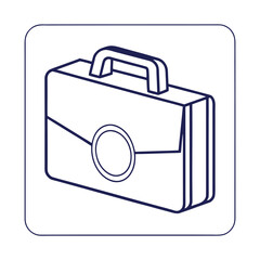 Dark blue outline of a briefcase with a circular emblem luggage travel