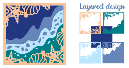 Summer shadow box with sea wave svg, Layered papercut decor for cutting