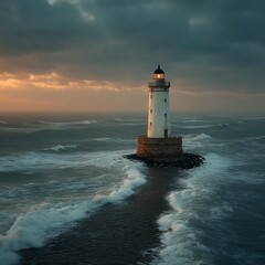 Lonely white lighthouse in the sea close