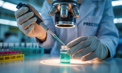 Scientist hands using micropipette in a laboratory under a microscope