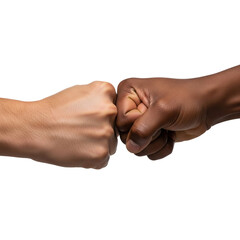 Diverse hands display unity, featuring a fist bump between different skin tones against a solid black background symbolizing collaboration and support.