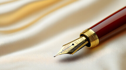 Naklejka premium A burgundy fountain pen rests on a cream-colored fabric.