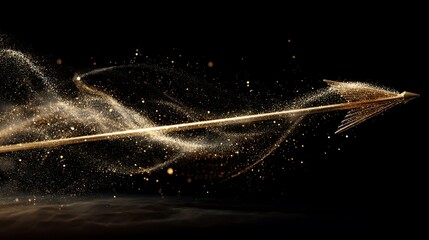 A golden arrow flying through the night sky with a trail of sparkling dust behind it on black...