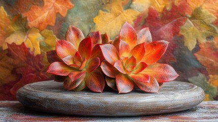 Succulent plants on wooden board with autumn leaves background