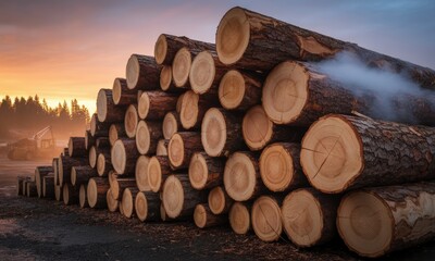 Massive stack of freshly cut timber logs in a forest logging area at sunset