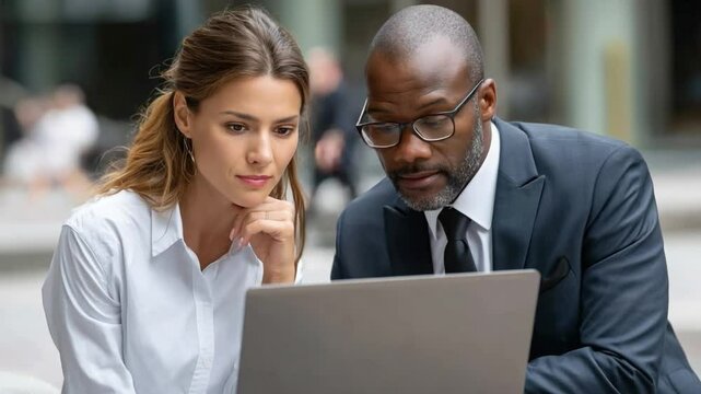 Business Collaboration on the Go: Two professionals meticulously review data on a laptop, capturing the essence of a focused, collaborative business discussion amidst an urban backdrop.