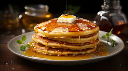 Stack of Golden Pancakes Drizzled with Syrup and Butter, Delicious Breakfast Concept