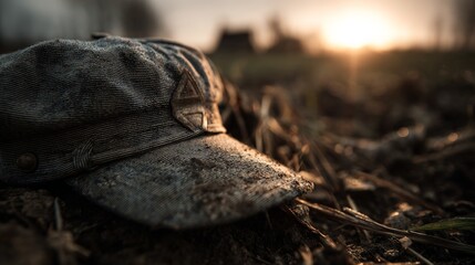 Obraz premium Worn denim cap on ground at sunrise in rural landscape with autumn foliage