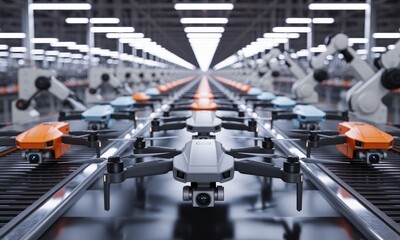 Futuristic drone assembly line with robotic arms in a modern manufacturing factory