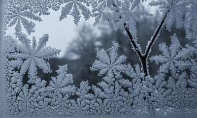 Close up of delicate ice crystals forming beautiful fern like patterns on a cold window