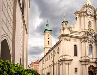 Historic Church Of The Holy Spirit In Munich: Elegant Baroque Architecture With Tower And Facade...