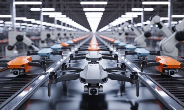Futuristic drone assembly line with robotic arms in a modern manufacturing factory