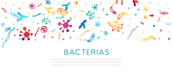 Bacterias, microbe and viruses. Vector horizontal banner with top border from colorful flowing decoration elements.