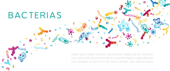 Bacterias, microbe and viruses. Vector horizontal banner with colorful flowing decoration elements.