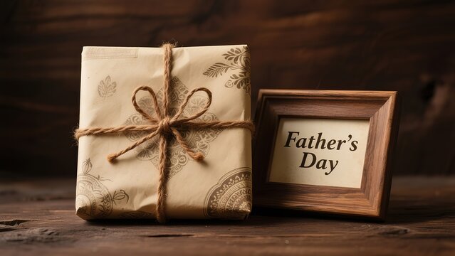 Brown patterned parcel tied with twine bow beside wooden "Father's Day" frame on warm-toned wooden table for rustic gift concept