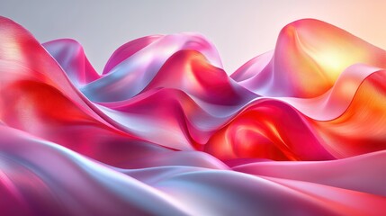 Fototapeta premium Abstract wavy folds of vibrant, translucent, flowing material in a gradient of pink, red, and blue