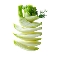 Stacked fennel slices close up against black background