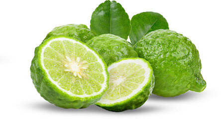 fresh bergamot fruit with leaves on transparent background.