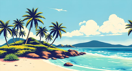 Obraz premium tropical beach, palm trees, beach landscape, tropical paradise, seaside view, ocean shoreline, sandy beach, turquoise water, tropical sunset, island beach, beach horizon, palm tree silhouette, beach v