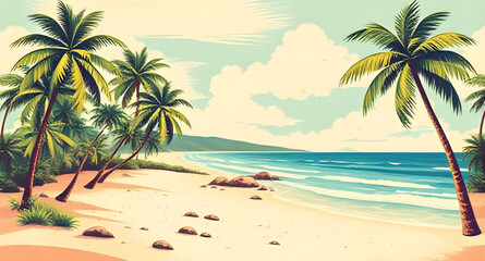 Obraz premium tropical beach, palm trees, beach landscape, tropical paradise, seaside view, ocean shoreline, sandy beach, turquoise water, tropical sunset, island beach, beach horizon, palm tree silhouette, beach v
