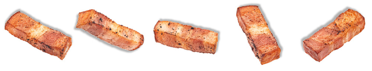 fried bacon pieces isolated on transparent background.