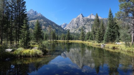 A calm mountain pond reflecting the surrounding forest and towering peaks