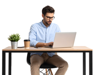 Man working on laptop at office desk with coffee, transparent background.
