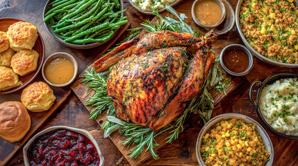 Fototapeta premium Festive Thanksgiving Feast A Golden Turkey Surrounded by Classic Dishes for a Heartwarming Holiday Gathering