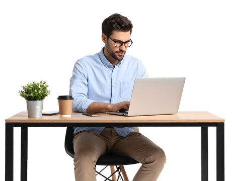 Man working on laptop at office desk with coffee, transparent background.