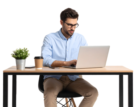 Man working on laptop at office desk with coffee, transparent background.