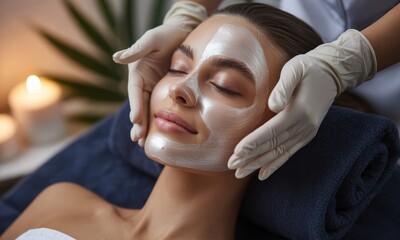 Young woman receiving a relaxing hydrating facial mask treatment at a luxury spa