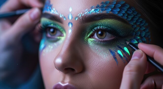 Close up of woman face with intricate fantasy makeup featuring shimmering scales