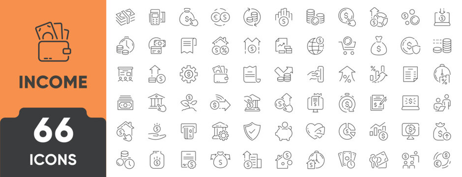 Income, Salary, Money, Business Line Icon Set. Set of 66 outline icons including money, paycheck, wallet, bank, growth, profit, and finance. Editable stroke. Linear vector illustration.