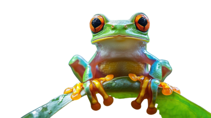 A vibrant tree frog with bright orange eyes and toes clings to a green leaf, showcasing its colorful, textured skin and detailed features.