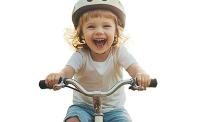 A joyful toddler wearing a helmet rides a bicycle, smiling widely with excitement and enthusiasm.